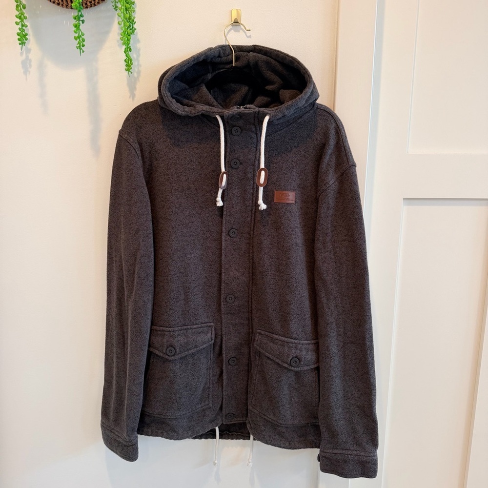 Vans Off The Wall Charcoal Knit Zip-Up Hooded Jacket Sweater Mens Size Large